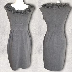 LONDON TIMES FLUTTER RUFFLE BODYCON COZY KNIT PENCIL DRESS GREY GRAY 8